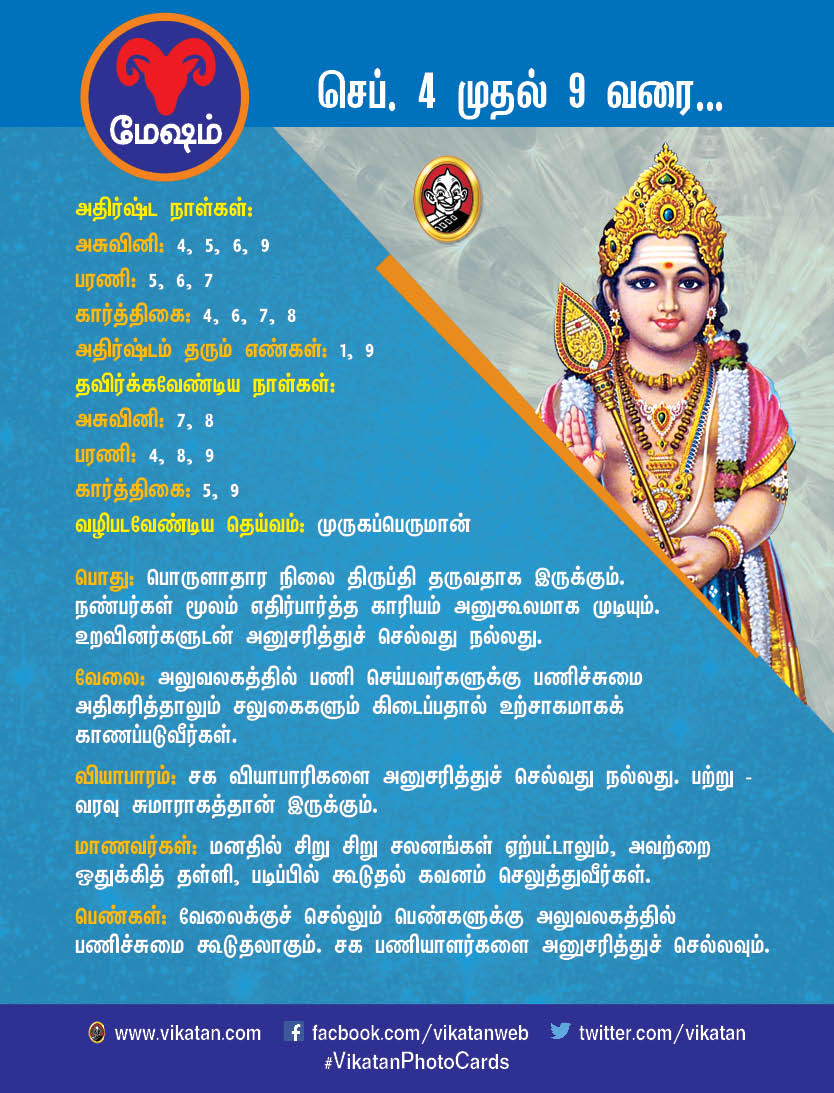 இந்த வார ராசிபலன் : செப்டம்பர் 4 முதல் 9 வரை #VikatanPhotoCards இந்த வார ராசிபலன் : செப்டம்பர் 4 முதல் 9 வரை #VikatanPhotoCards