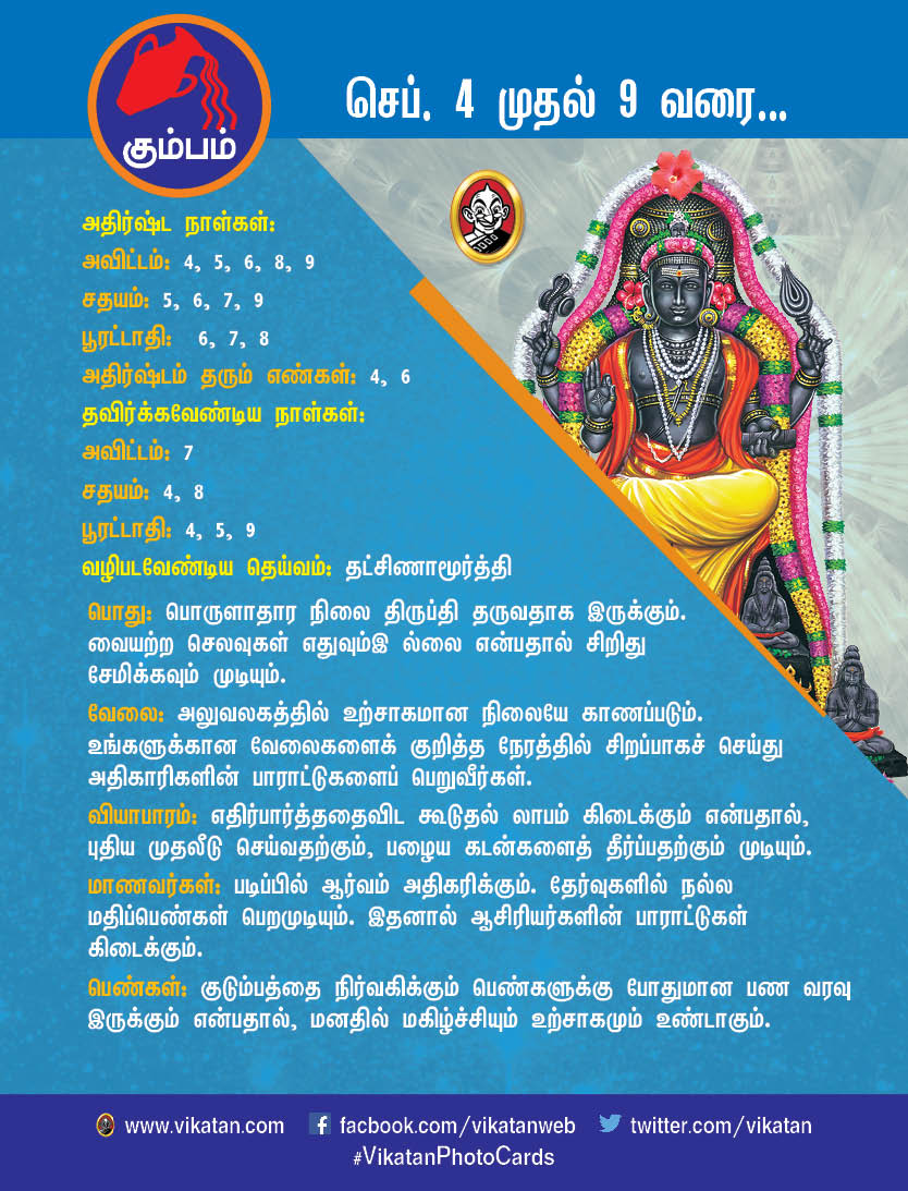 இந்த வார ராசிபலன் : செப்டம்பர் 4 முதல் 9 வரை #VikatanPhotoCards இந்த வார ராசிபலன் : செப்டம்பர் 4 முதல் 9 வரை #VikatanPhotoCards