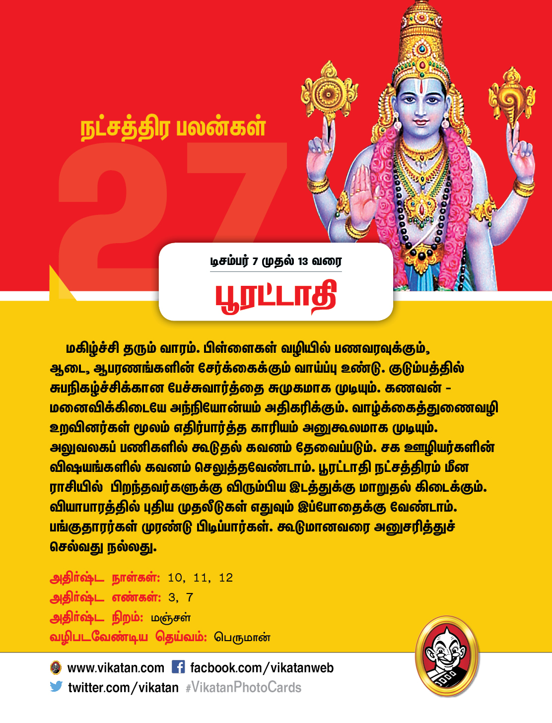 இந்த வார நட்சத்திரப் பலன்கள்... டிசம்பர் 7 முதல் 13 வரை #VikatanPhotocards இந்த வார நட்சத்திரப் பலன்கள்... டிசம்பர் 7 முதல் 13 வரை #VikatanPhotocards