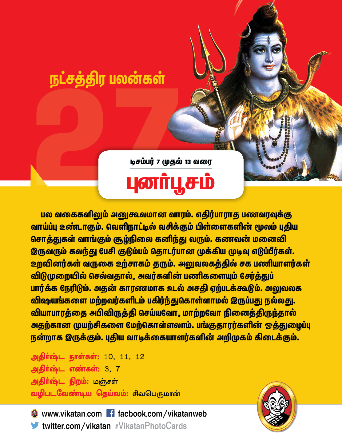 இந்த வார நட்சத்திரப் பலன்கள்... டிசம்பர் 7 முதல் 13 வரை #VikatanPhotocards இந்த வார நட்சத்திரப் பலன்கள்... டிசம்பர் 7 முதல் 13 வரை #VikatanPhotocards