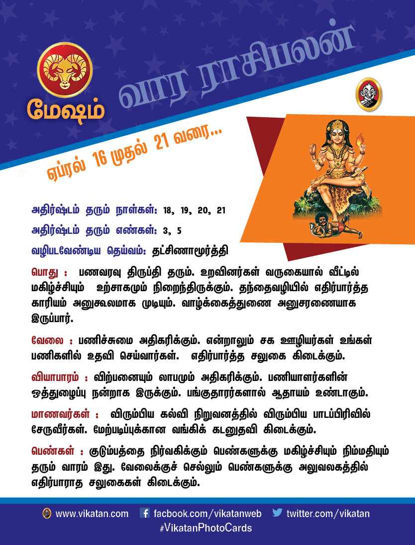 இந்த வார ராசிபலன்கள் ஏப்ரல் 16 - முதல் 21 வரை இந்த வார ராசிபலன்கள் ஏப்ரல் 16 - முதல் 21 வரை