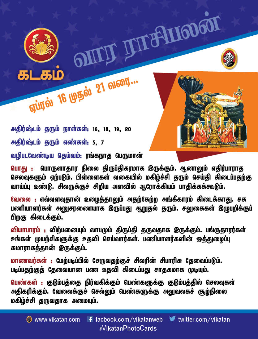 இந்த வார ராசிபலன்கள் ஏப்ரல் 16 - முதல் 21 வரை இந்த வார ராசிபலன்கள் ஏப்ரல் 16 - முதல் 21 வரை