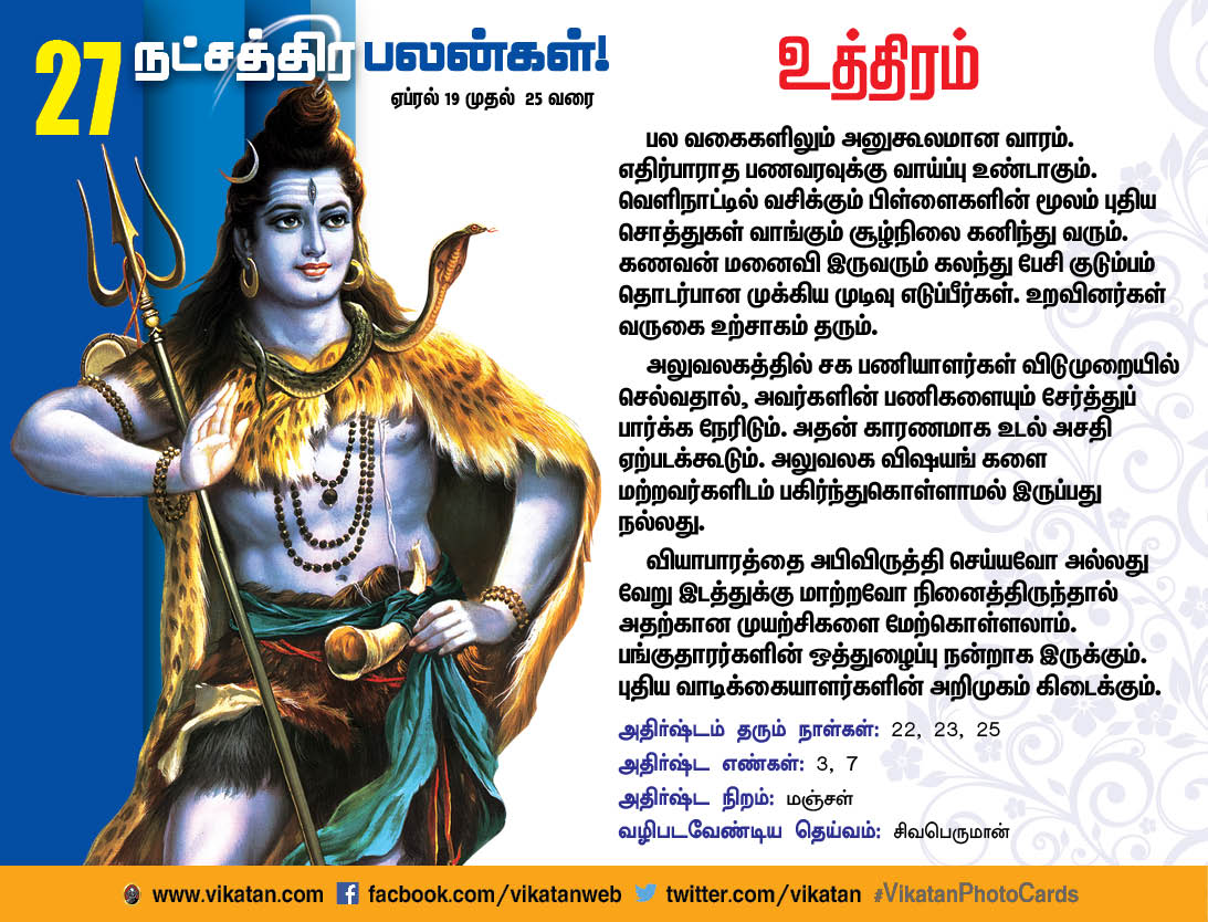 நட்சத்திரப் பலன்கள் : ஏப்ரல் 19 முதல் 25 வரை நட்சத்திரப் பலன்கள் : ஏப்ரல் 19 முதல் 25 வரை