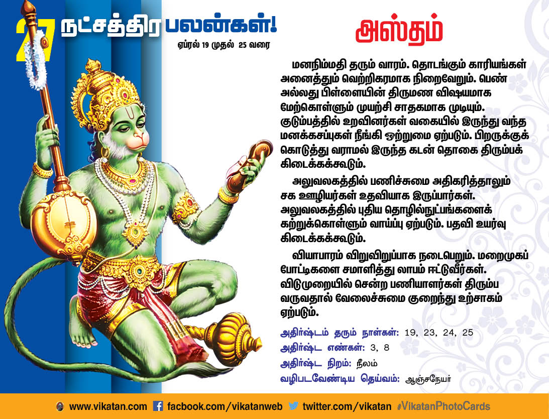 நட்சத்திரப் பலன்கள் : ஏப்ரல் 19 முதல் 25 வரை நட்சத்திரப் பலன்கள் : ஏப்ரல் 19 முதல் 25 வரை