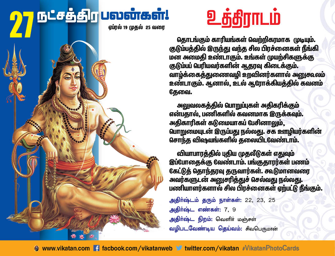 நட்சத்திரப் பலன்கள் : ஏப்ரல் 19 முதல் 25 வரை நட்சத்திரப் பலன்கள் : ஏப்ரல் 19 முதல் 25 வரை