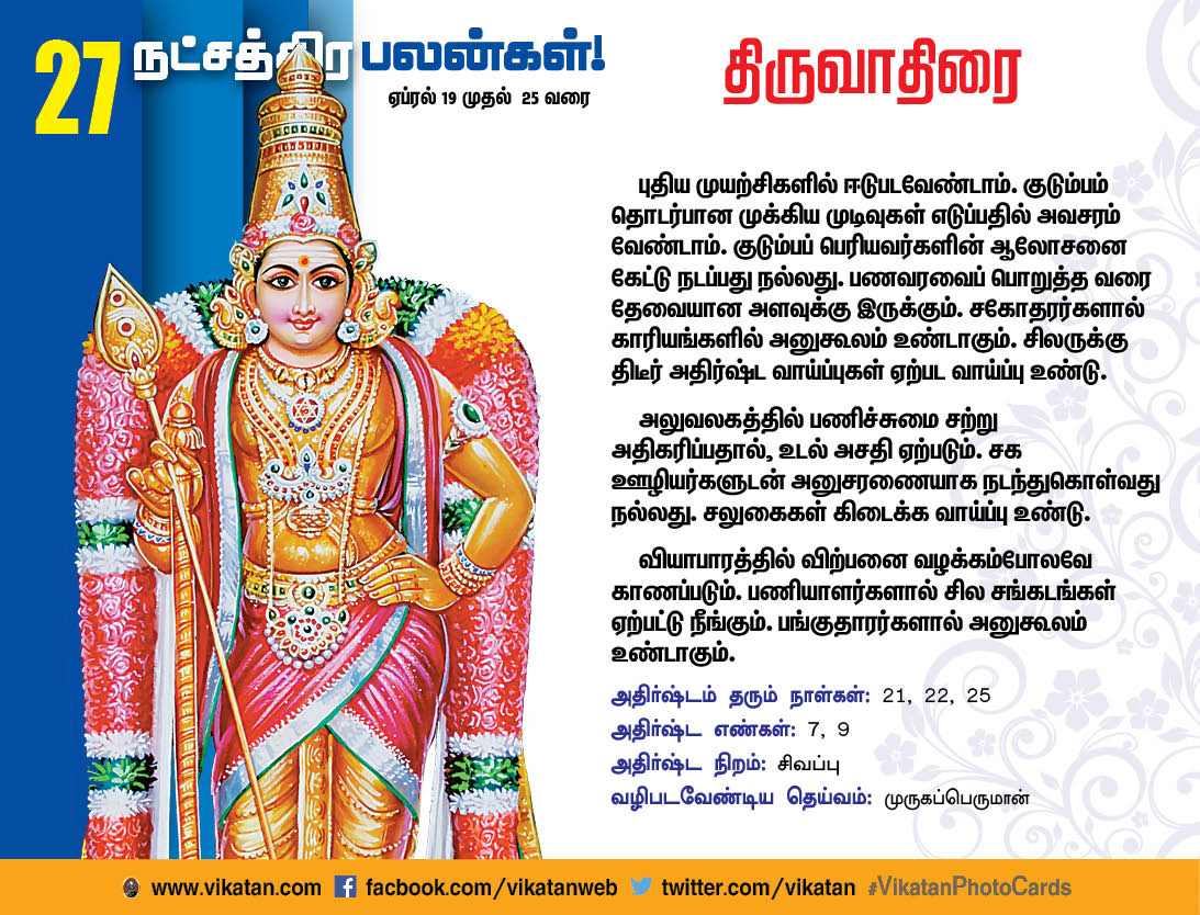 நட்சத்திரப் பலன்கள் : ஏப்ரல் 19 முதல் 25 வரை நட்சத்திரப் பலன்கள் : ஏப்ரல் 19 முதல் 25 வரை