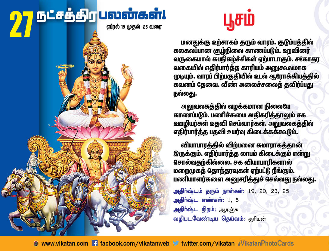 நட்சத்திரப் பலன்கள் : ஏப்ரல் 19 முதல் 25 வரை நட்சத்திரப் பலன்கள் : ஏப்ரல் 19 முதல் 25 வரை