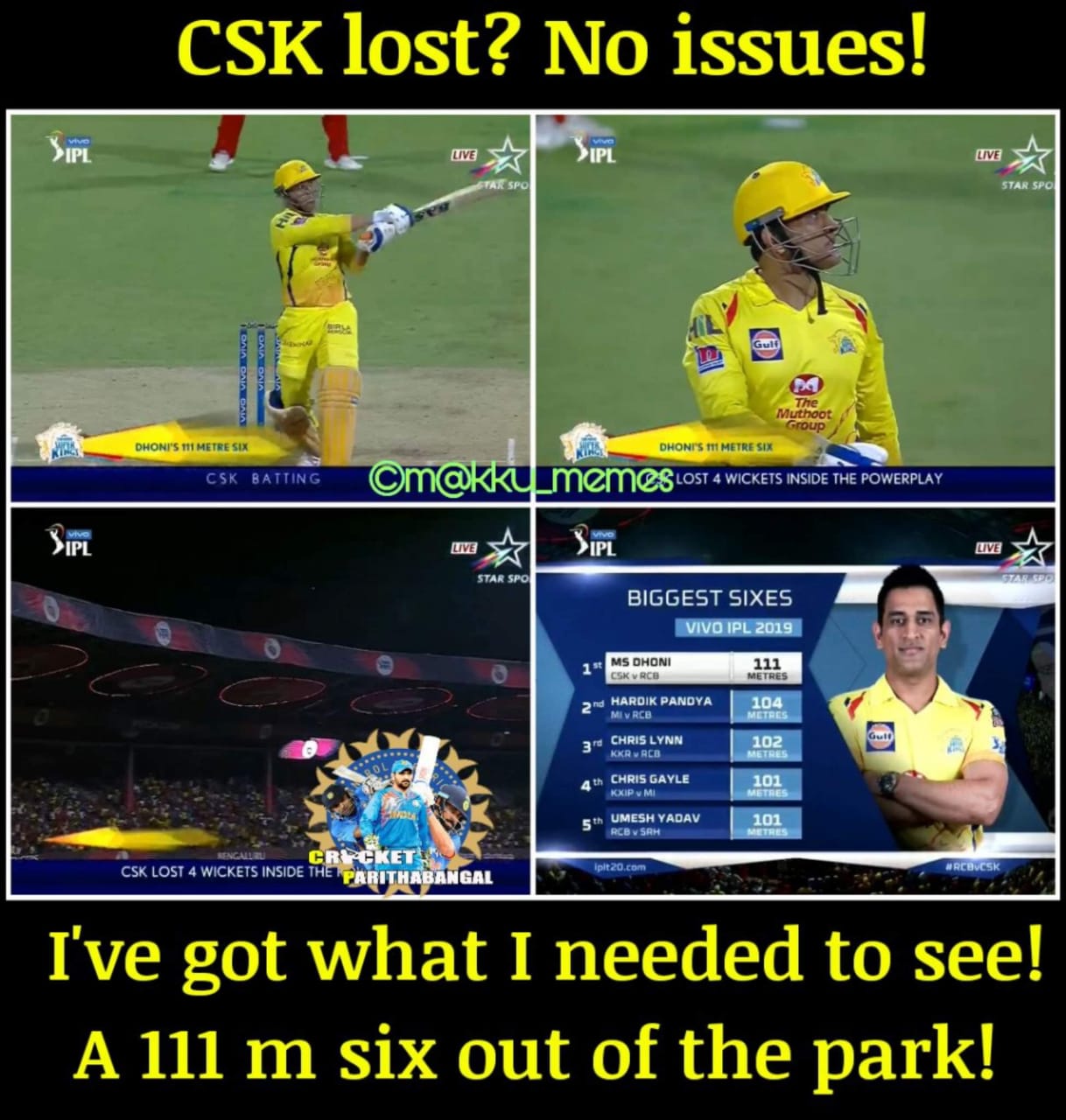 4, 6, 6, 2, 6... 111 மீட்டர் சிக்ஸ்... பேரு தோனி! #RCBvsCSK போட்டிக்குக் குவிந்த 'மாஸ்' தோனி மீம்ஸ் 4, 6, 6, 2, 6... 111 மீட்டர் சிக்ஸ்... பேரு தோனி! #RCBvsCSK போட்டிக்குக் குவிந்த 'மாஸ்' தோனி மீம்ஸ்
