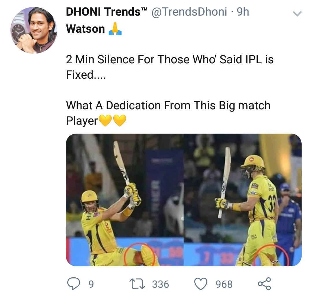 'சிந்துன ரத்தத்துக்கு சொந்தம் வராமயா போயிடும்?' வாட்சனுக்காக உருகிய ரசிகர்களின் மீம்ஸ் தொகுப்பு 'சிந்துன ரத்தத்துக்கு சொந்தம் வராமயா போயிடும்?' வாட்சனுக்காக உருகிய ரசிகர்களின் மீம்ஸ் தொகுப்பு