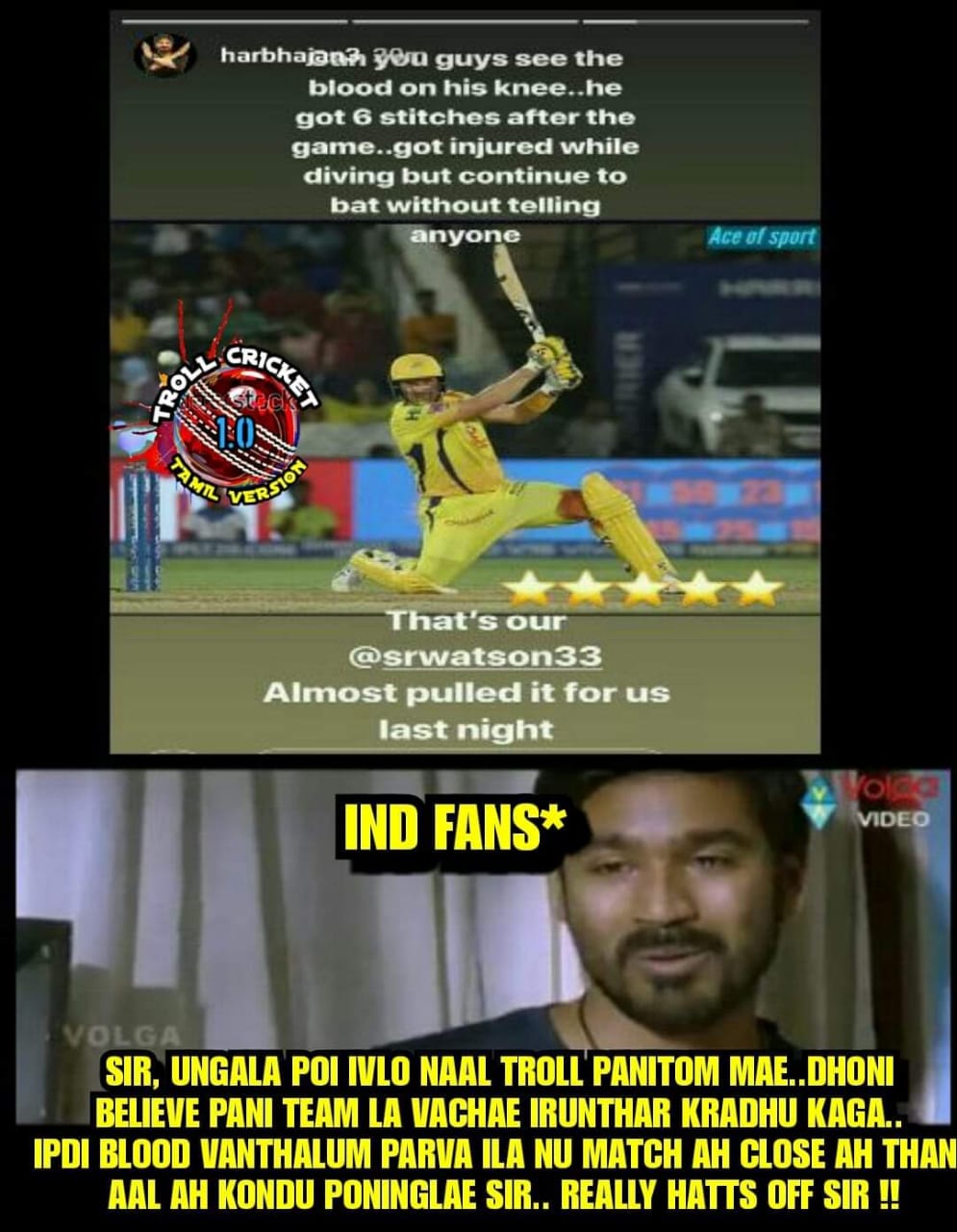 'சிந்துன ரத்தத்துக்கு சொந்தம் வராமயா போயிடும்?' வாட்சனுக்காக உருகிய ரசிகர்களின் மீம்ஸ் தொகுப்பு 'சிந்துன ரத்தத்துக்கு சொந்தம் வராமயா போயிடும்?' வாட்சனுக்காக உருகிய ரசிகர்களின் மீம்ஸ் தொகுப்பு