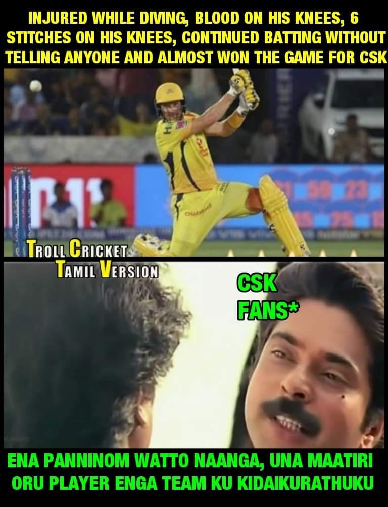 'சிந்துன ரத்தத்துக்கு சொந்தம் வராமயா போயிடும்?' வாட்சனுக்காக உருகிய ரசிகர்களின் மீம்ஸ் தொகுப்பு 'சிந்துன ரத்தத்துக்கு சொந்தம் வராமயா போயிடும்?' வாட்சனுக்காக உருகிய ரசிகர்களின் மீம்ஸ் தொகுப்பு
